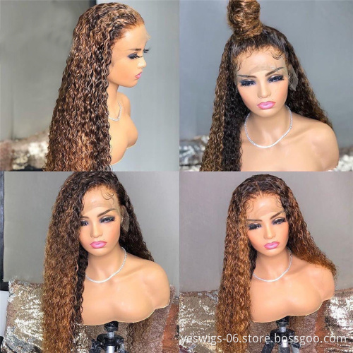 Wholesale Highlight 1b Honey Brown Color Kinky Curly 100% Human Hair Lace Frontal Wigs Full Hd Lace Front Wigs For Black Women